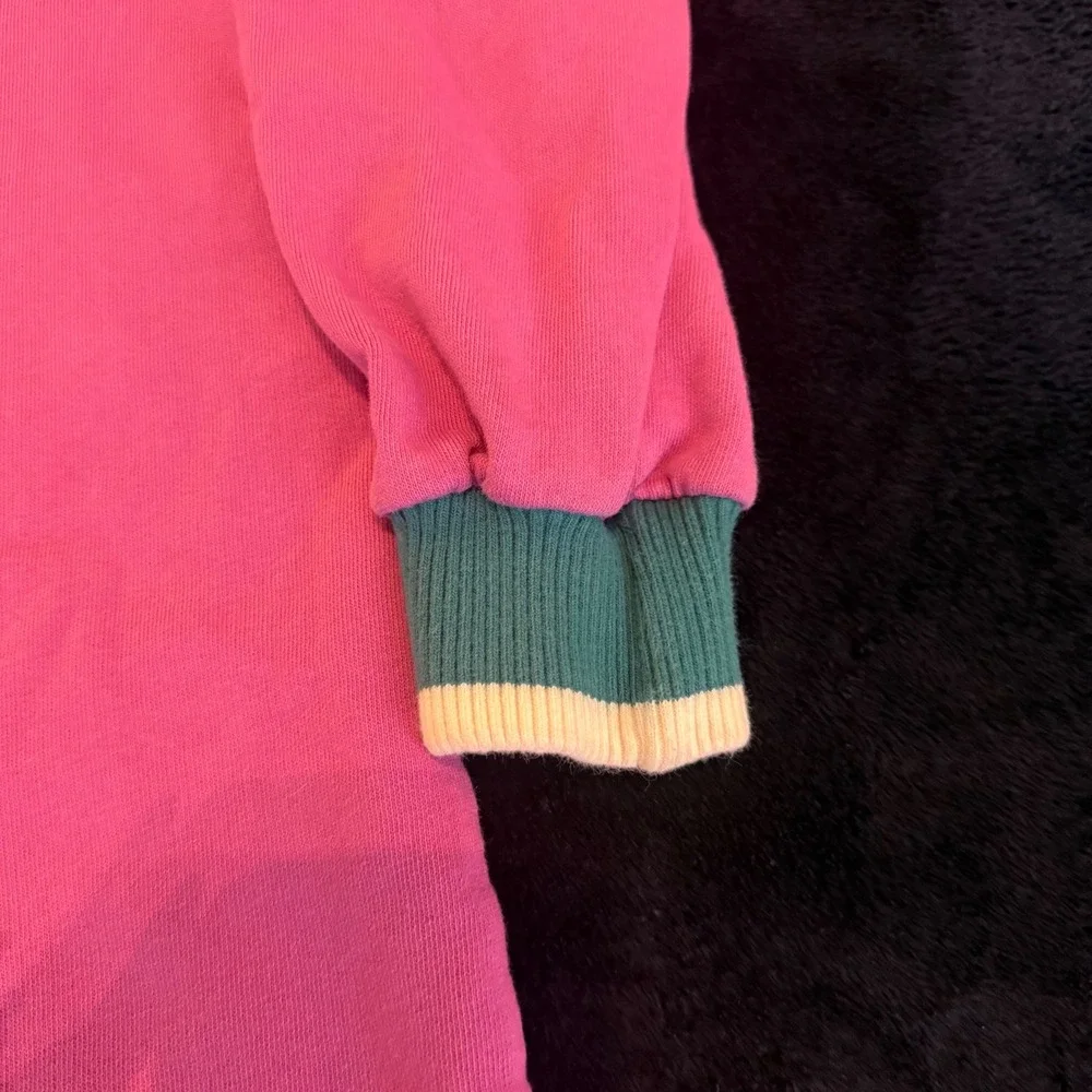 Hanna Andersson Girls Pink French Terry Sweatshirt Dress Teal Ribbed Trim120 6-7